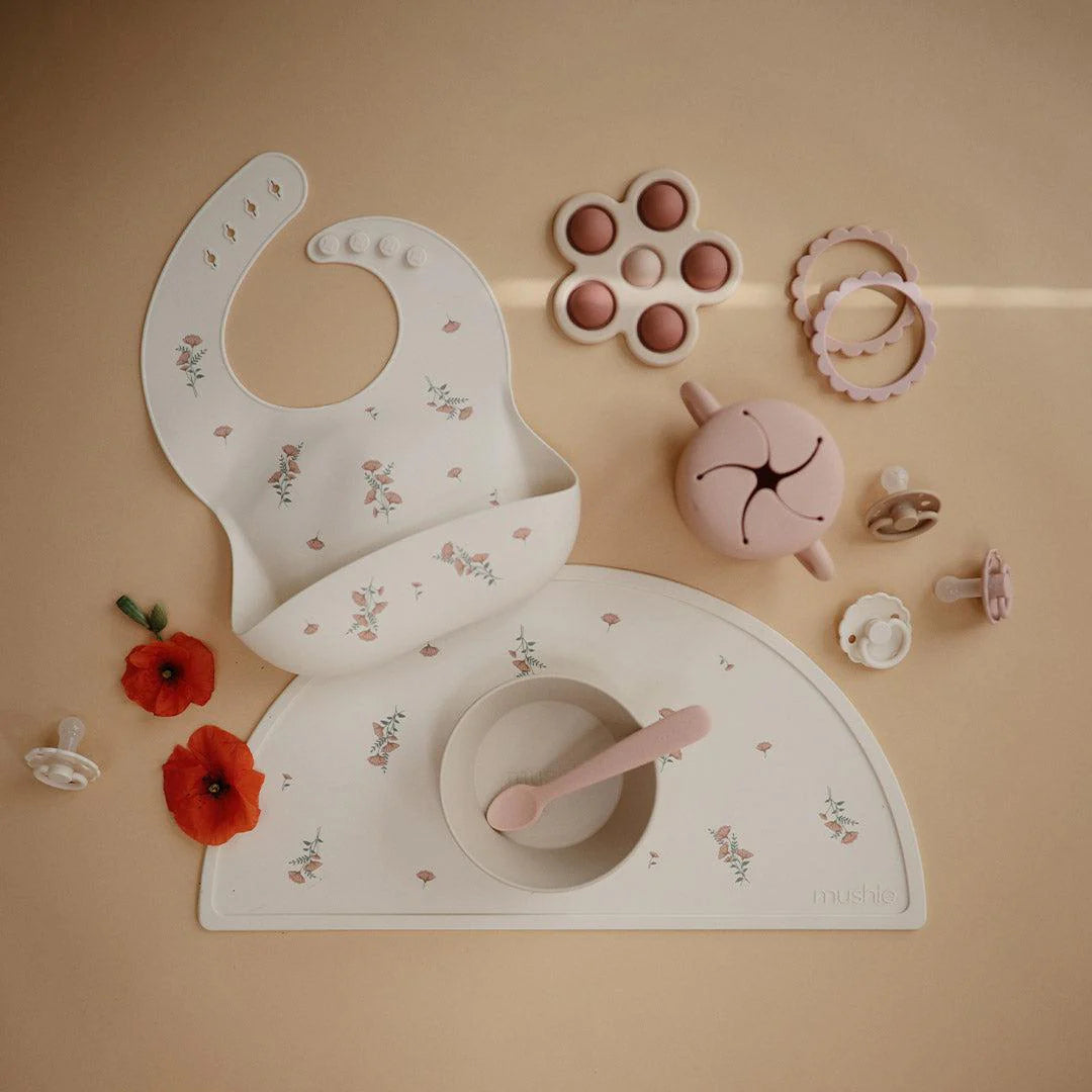 Pink Flowers Floral Mushie Silicone Bib
