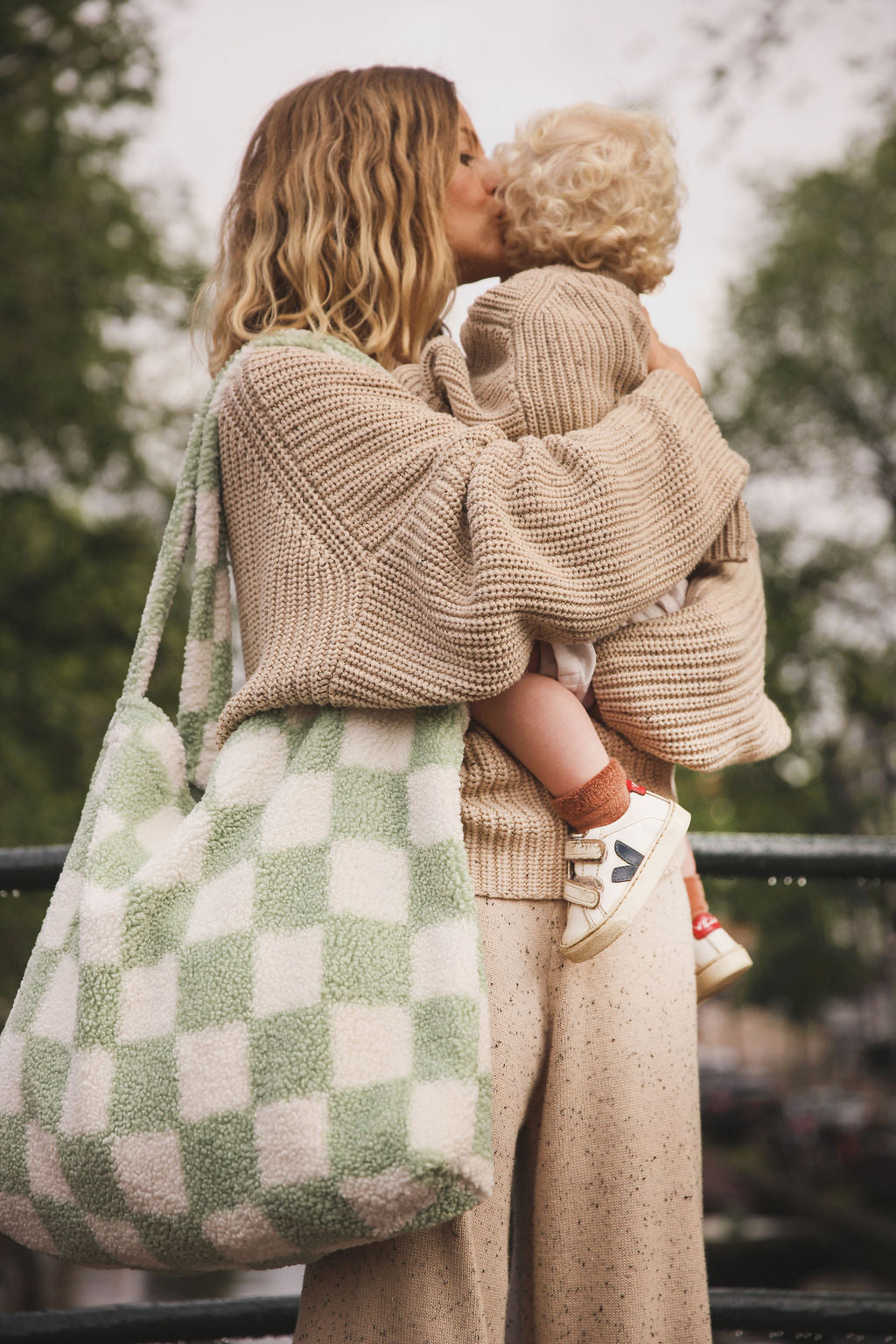 Checked Teddy Oversized Mum Bag - Pistachio