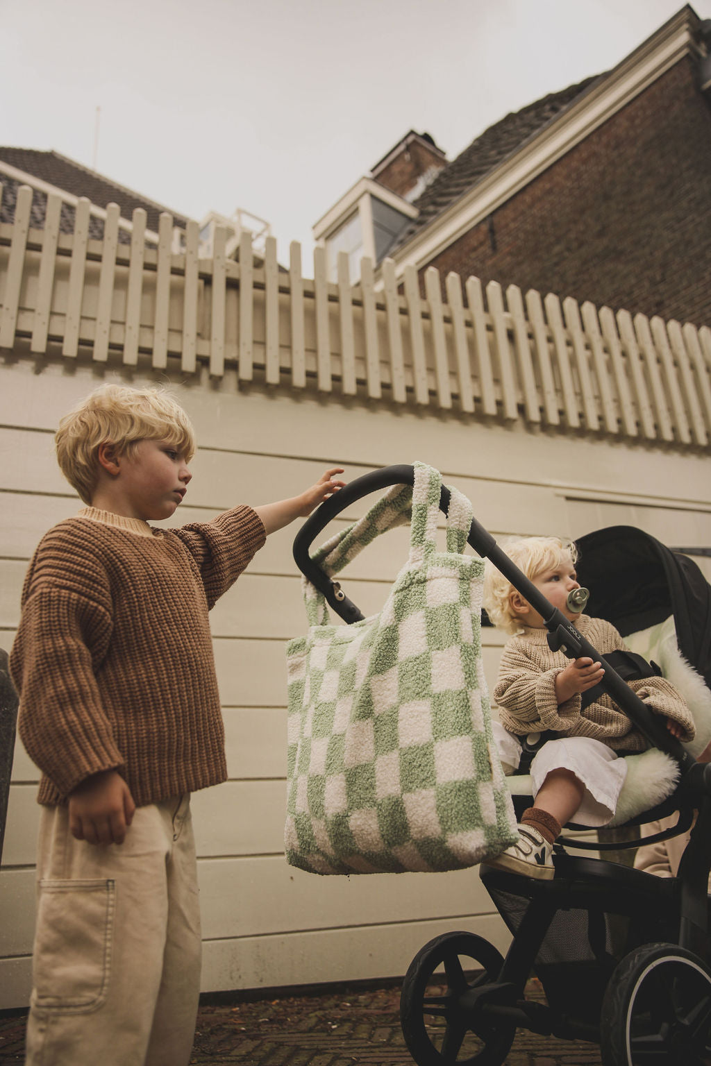 Checked Teddy Oversized Mum Bag - Pistachio